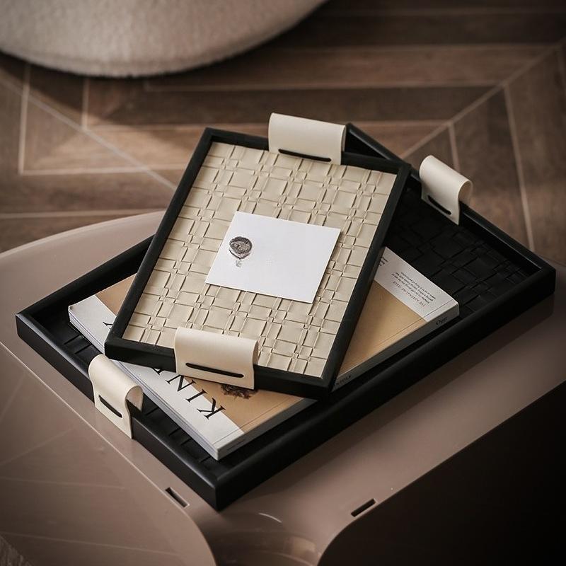 Handmade Leather Wooden Tray Light Luxury Jewelry Storage Desktop Ornament Model Room Home Ornament