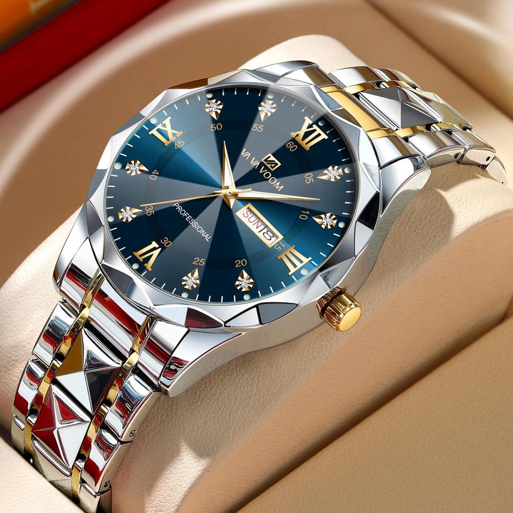 VA VA VOOM Luxury Men’s Quartz Watches Man 30m Waterproof Luminous Date Week Stainless Steel Men Watch Casual Sports Women Quartz Watches Male Clock