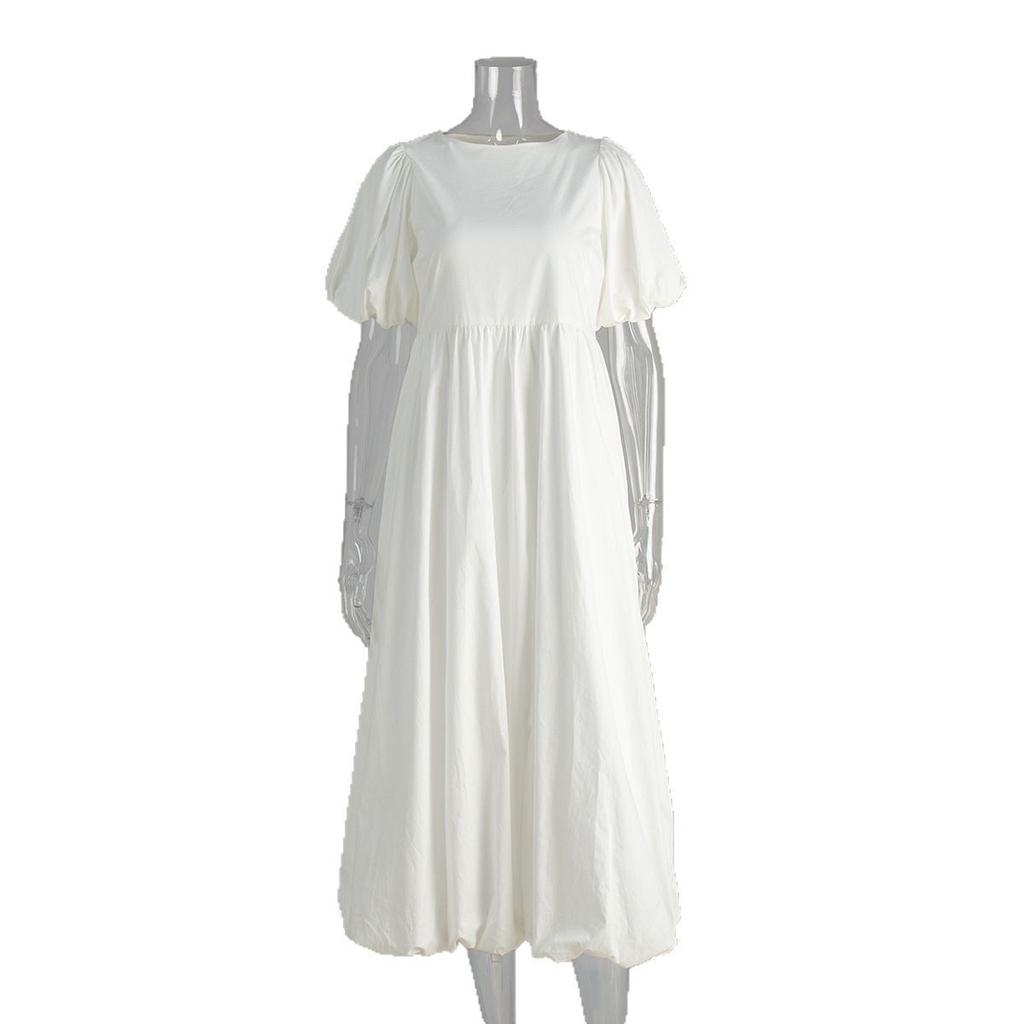 Pure cotton round neck bubble sleeve dress European and American spring and summer new solid color loose casual dress women