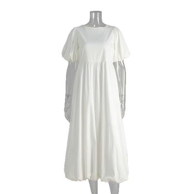 Pure Cotton Round Neck Bubble Sleeve Dress Solid Color Loose Dress For Women