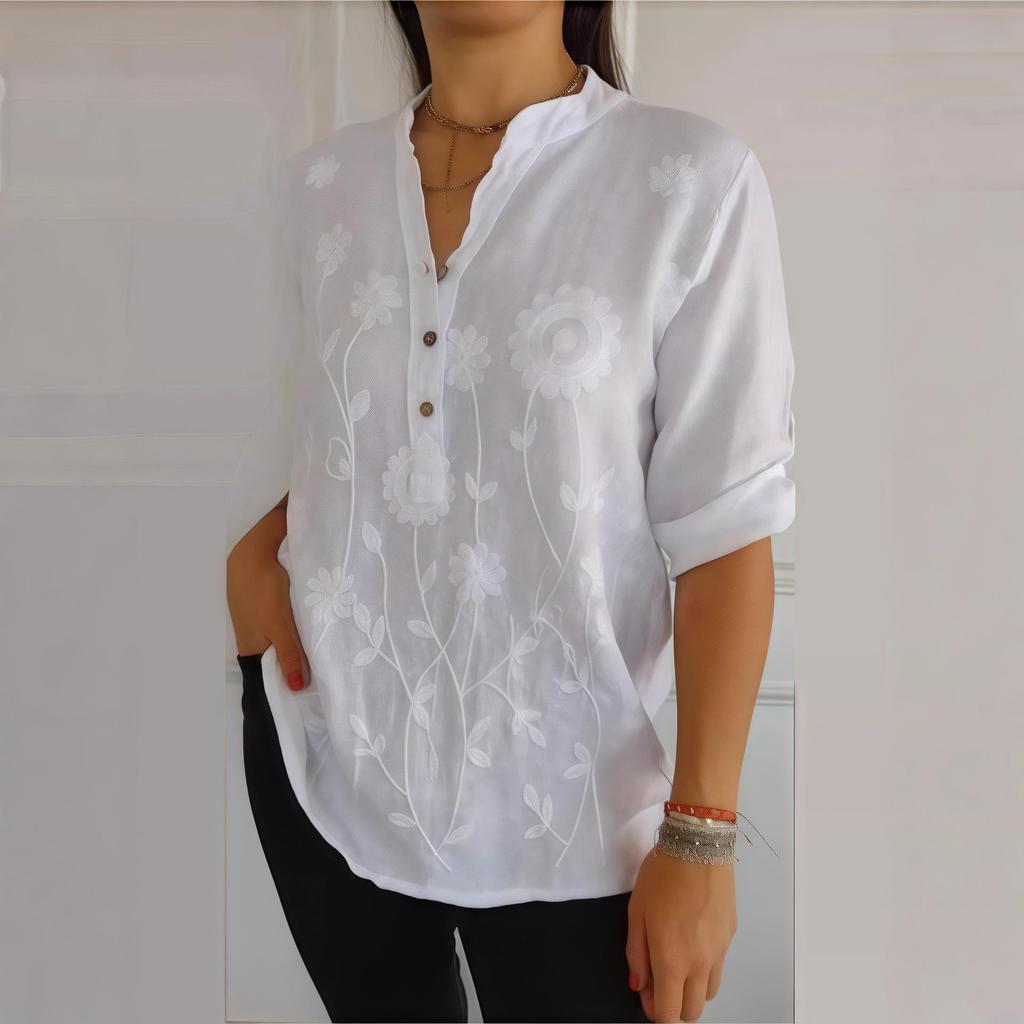 2025 Spring/Summer Women's Lace Embroidery V-Neck Button Shirt