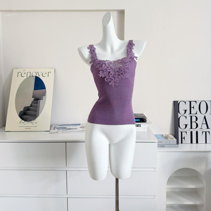 

Spring Flowers Soft Lace Splicing Knitted Suspender Vest Solid Color Bottom Inner Top One size fits all фіолетовий