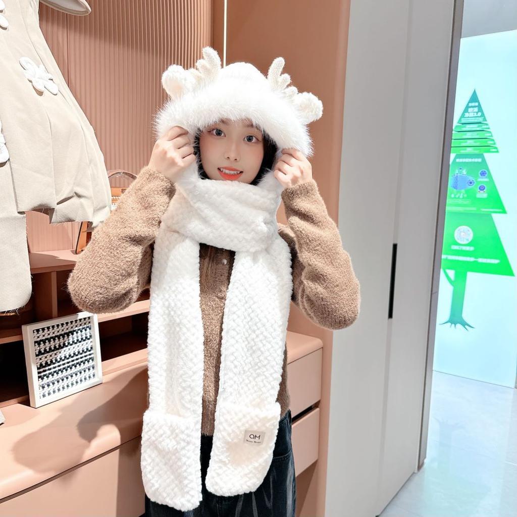 Women's Winter Hat Scarf One-piece New Deer Hooded Cycling Thick Plush Three Piece Set