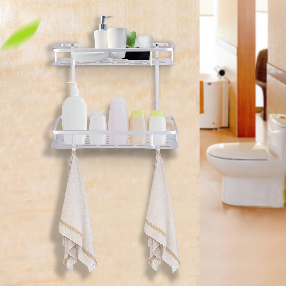 Double Layers Aluminum Wall Mounted Storage Shelf Rack with 2 Hanging Hooks Bathroom