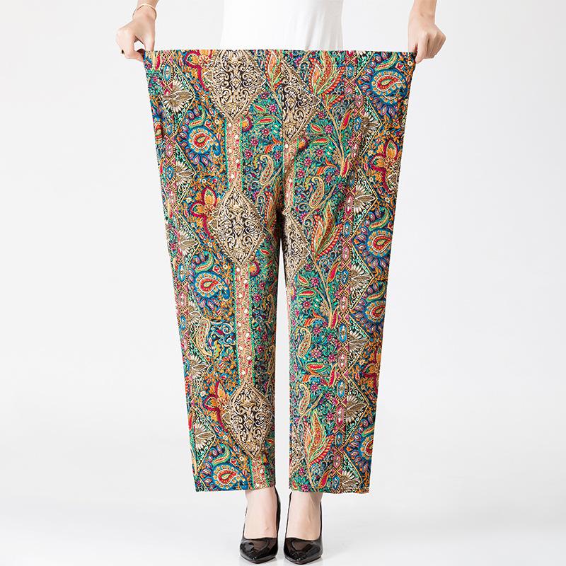 5XL Letní dámské harémové kalhoty Ležérní kalhoty s vysokým pasem Potištěné Elastický pas Kalhoty pro ženy středního věku Letní spodky