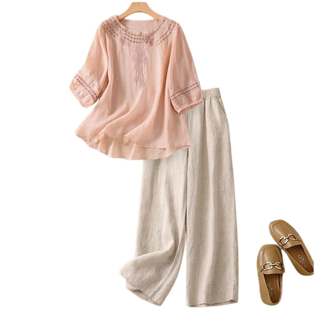 Stylish Two-piece Cotton-linen Set: Top, Vintage-inspired, Casual, And Wide-leg Pants.
