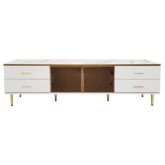 TV Cabinet with LED Light 4 Drawers Spacious Countertop High-Gloss Television Stand Painting Mid Century Modern Living Room Furniture Console