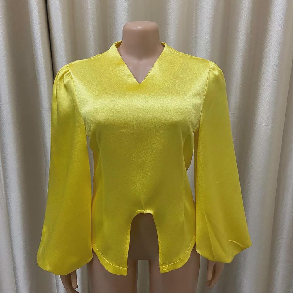 Women's Solid Color V-Neck Lantern Sleeve Blouse - Plus Size, Elegant & Versatile Style for African, European & American Fashion