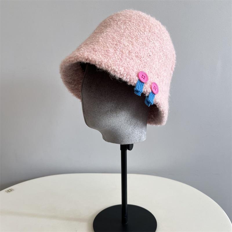 Wool Loop Yarn Thickened Bucket Hat Cute Button Shelf College Wind Small Fresh Warm Fisherman Hat