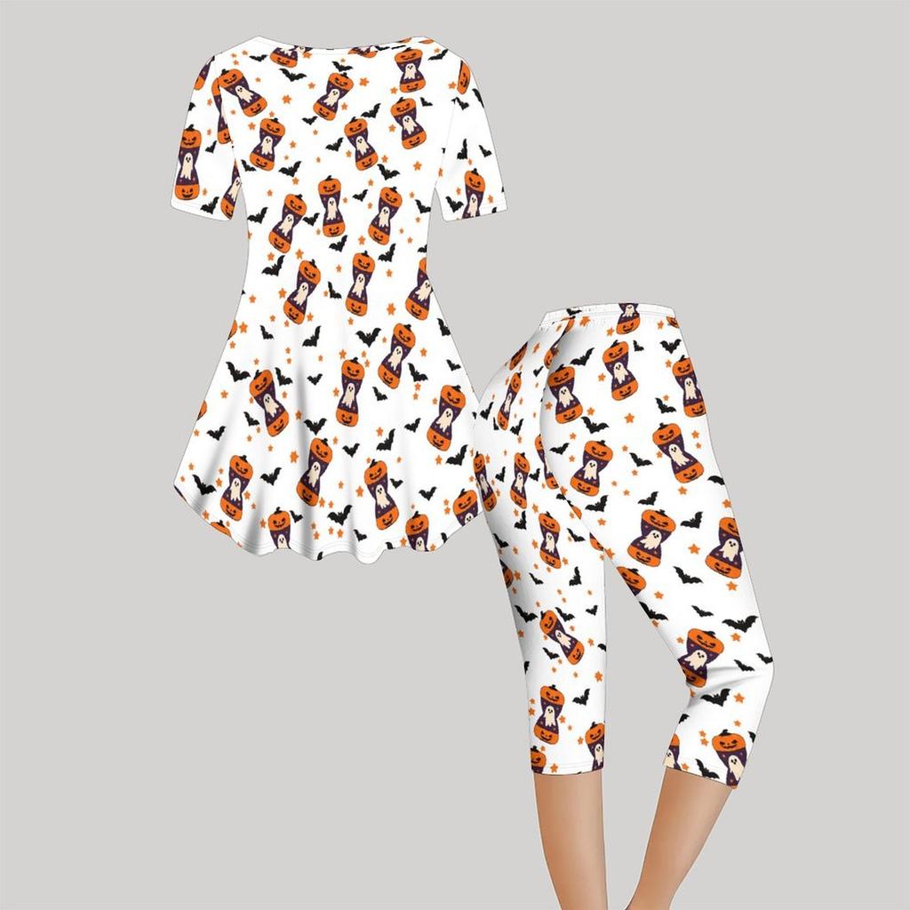 Women Plus Size White Halloween Printed Round Neck Short Sleeve Top Capri Pants Two Piece Pajama Set