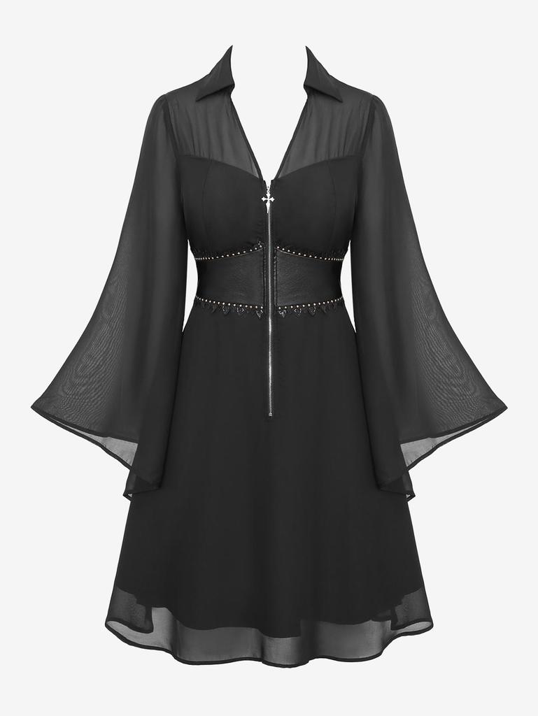 Rosegal Gothic Flare Rukávy Rozepínací límec Kříž Poloviční zip Krajka Trim Vrstvený PU panelový korzet Šifon Pevné šaty A Line