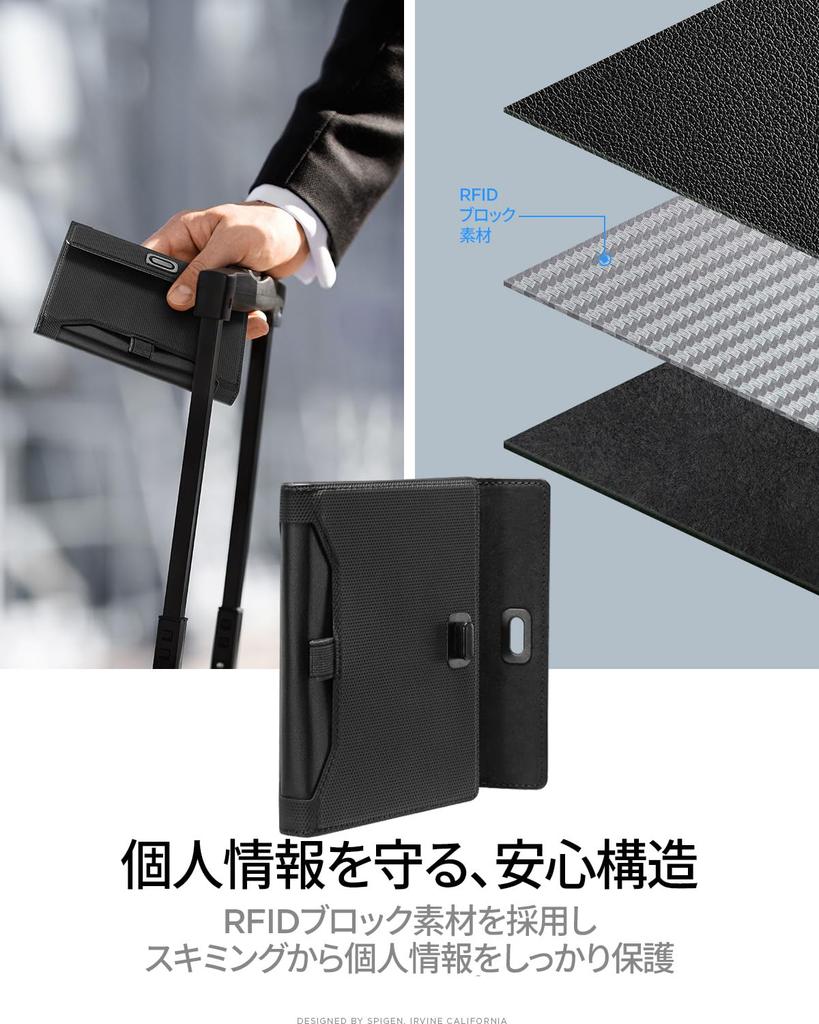 Spigen Passport Case for Airtag with and SIM PU AFA08852 (2026/2021) RFID, Anti-Skimming, Pin, Leather, Black,