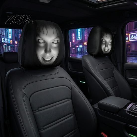 Eerie Car Interior Styling Realistic Horror Headrest Covers, Double Sided Scary Passenger Decorative Sleeves Illusion Seat Protector, Universal