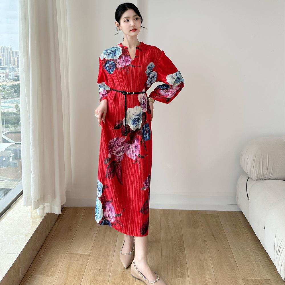 

2025 Spring Pleated V-neck Print Lantern Sleeve Tie-up Dress One Size красный