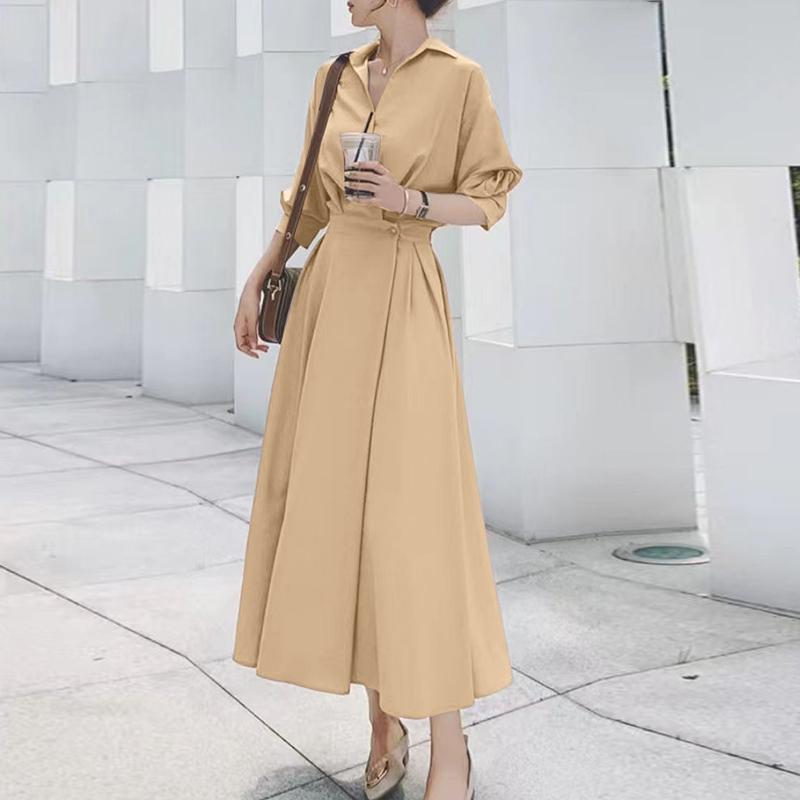 ZANZEA Women Turn Down Collar Loose Casual 3/4 Sleeve Long Dress