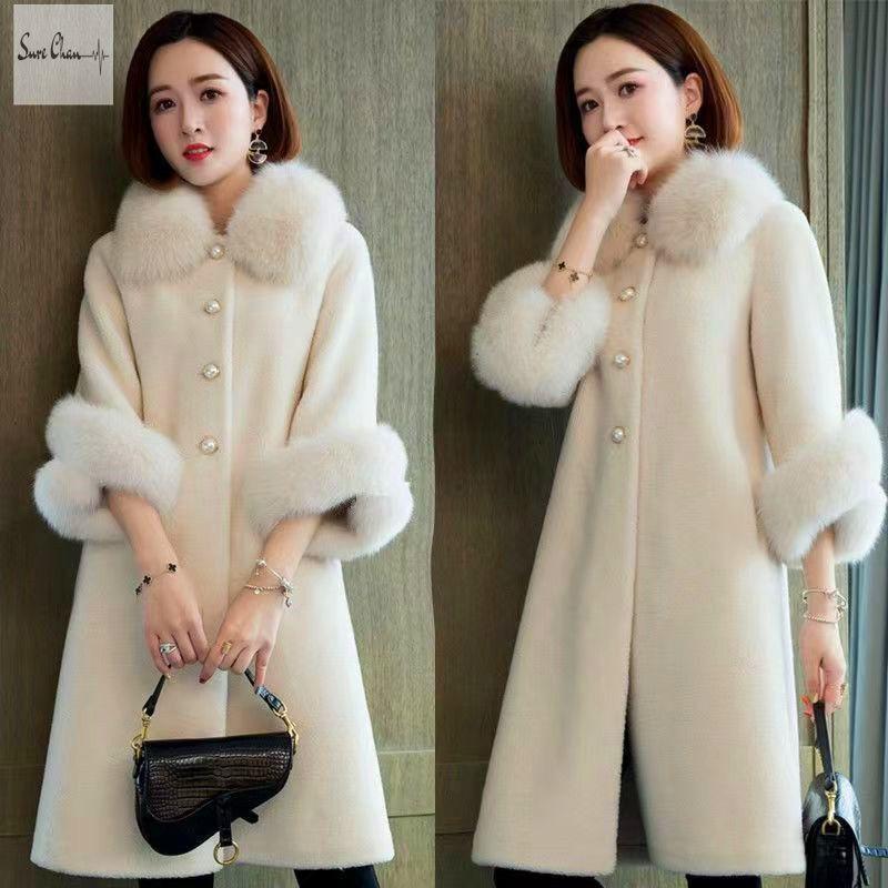 Casaco Longo de Pele Faux Mink Feminino Quente Elegante Gola de Pele de Raposa Artificial Lã de Ovelha Outono Inverno Jaqueta de Pele Casaco Feminino