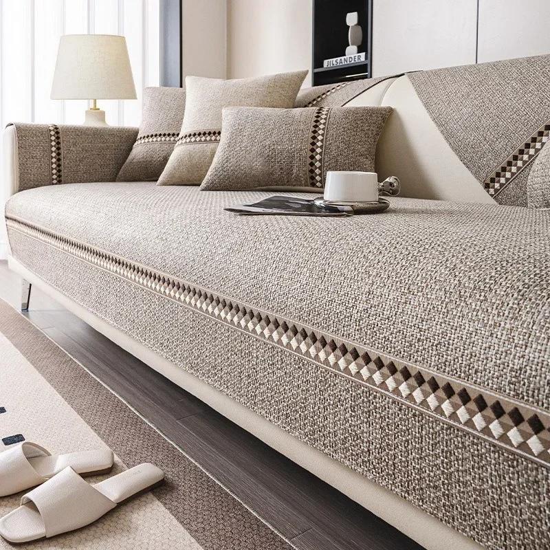 Cotton Linen Durable Sofa Cover Four Seasons Universal Sofa Pad Solid Color Sofa Mat for Living Room Anti-Slip Couch Cushion