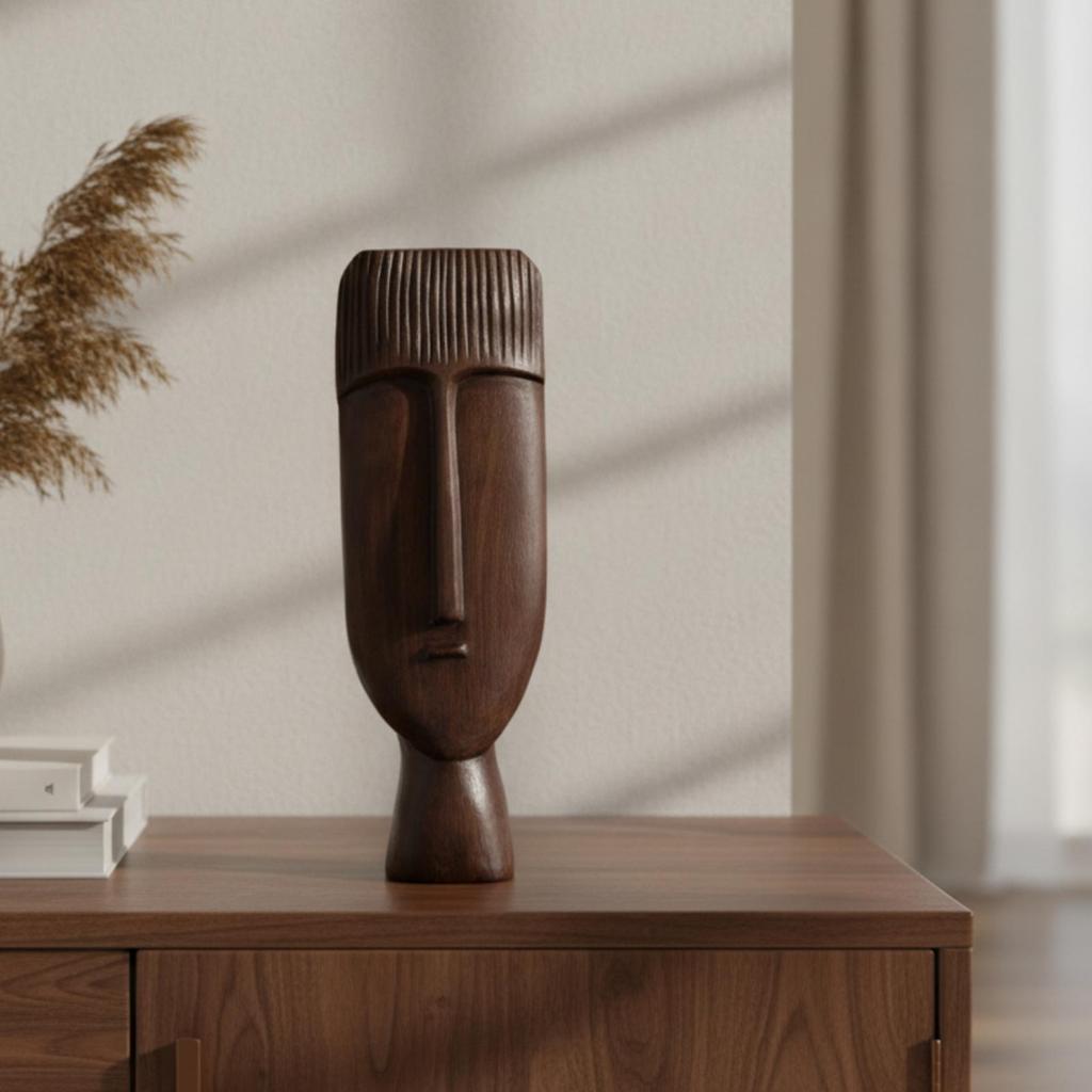 Tall Sculptural Face Figurine Wabi-Sabi Inspired for Display Cabinet Accent
