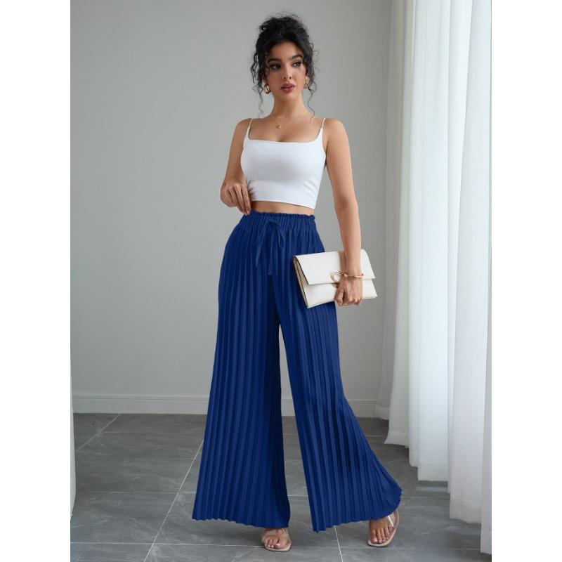 Fashion Loose Pleated Women's Long Pants Solid Color New Folded Elastic Waist Strap Loose Wide Leg Pants Casual Drawstring Trousers