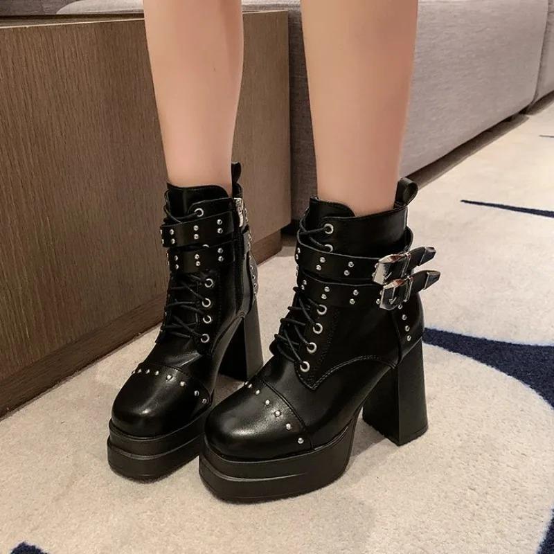 Belt Buckle Rivet Short Boots Side Zip Fashion Round Head Waterproof Platform High Heels Plush Winter Women'S Ankle Boots 35-42