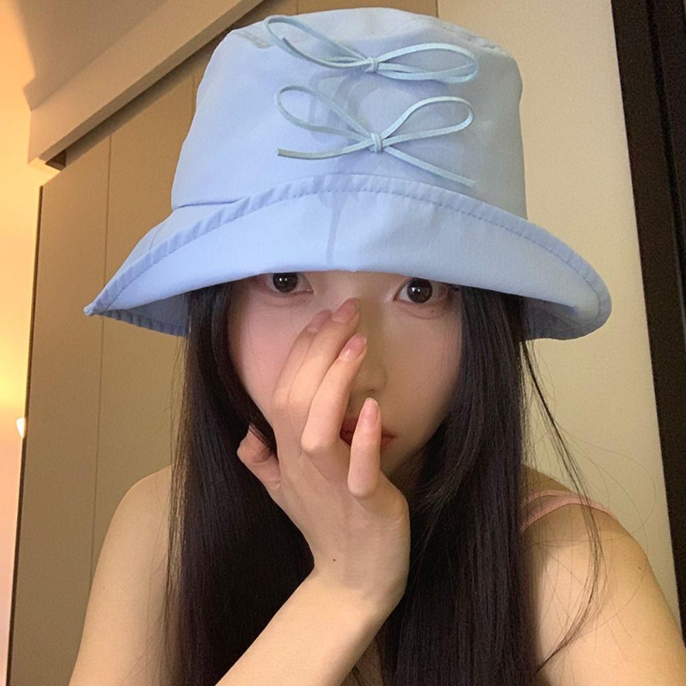 Solid Color Bowknot Fisherman Hat Sunscreen Canvas Basin Hat Male Bow Bucket Hat  Travel