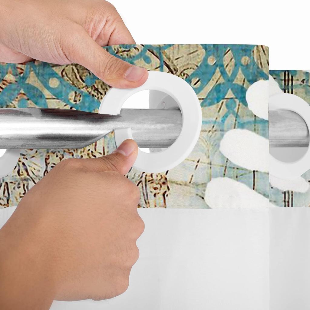 No Hook Blue Shower Curtain with Snap in Liner, Vintage Sea Turtle Bathroom Decor, Waterproof Fabric with See Through Top Window Open Grommet Bath