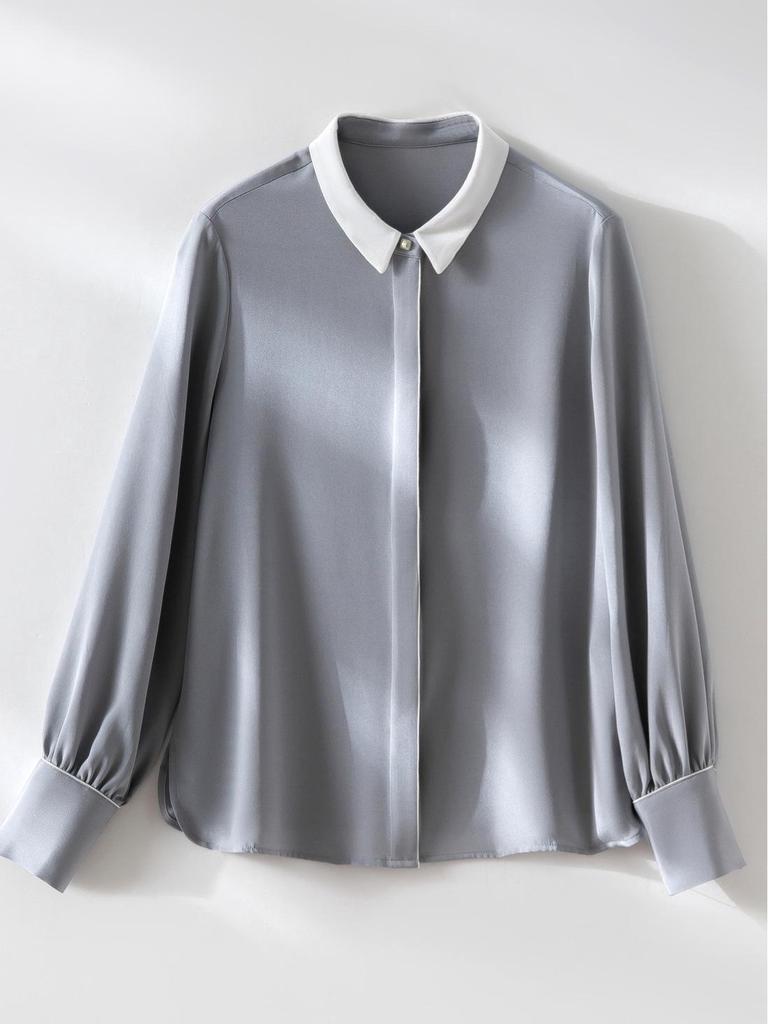 Women's 22 Momme Silk Color Block Shirt - Long Sleeve, Single-Breasted, Loose Fit, Slimming, New Spring/Summer 26 Arrivals.