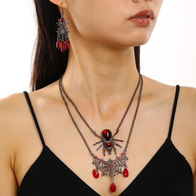 Halloween Spider Web Earring Necklace Set Gunmetal Black Red Drop Gemstone Gothic Punk Party Jewelry Women