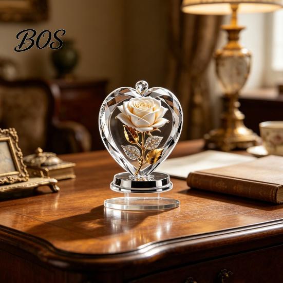 Crystal Rose Ornament Acrylic Ornament, 2D Flat Flower Decoration with Base, Table Art Centerpiece Romantic Desktop Decor for Home Shelf Cabinet