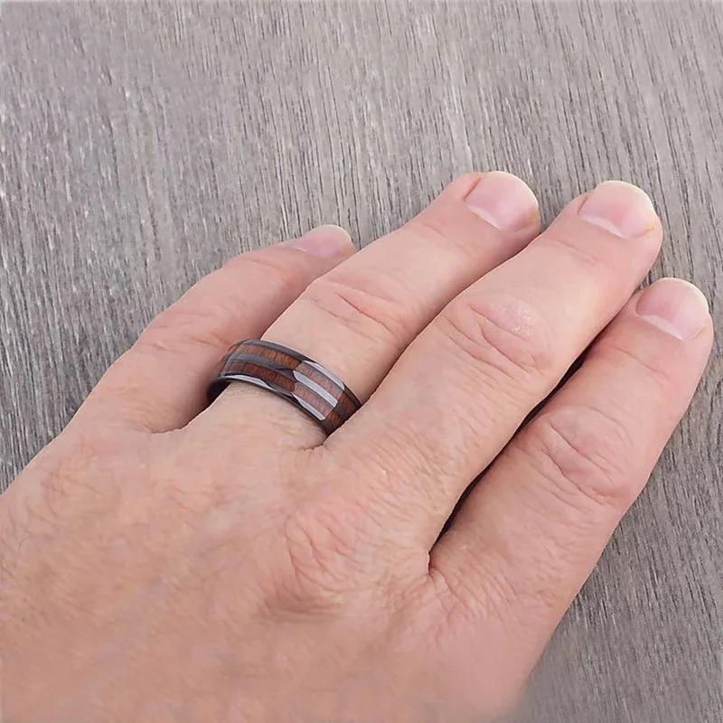Fashion 8mm Men Titanium Steel Koa Wood Rings For Men Women Dome Polished Stainless Steel Rings Men Wedding Band Jewelry Gifts
