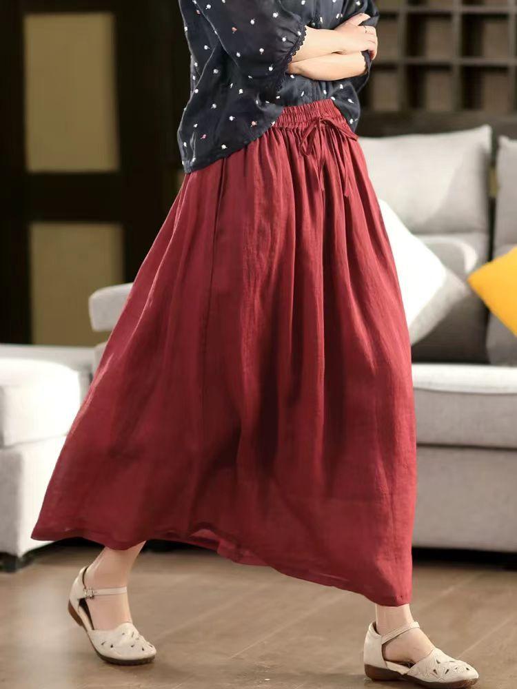 Johnature Women Vintage Patchwork Skirts Solid Color Elastic Waist Cloths Summer Loose Belt Female Skirts