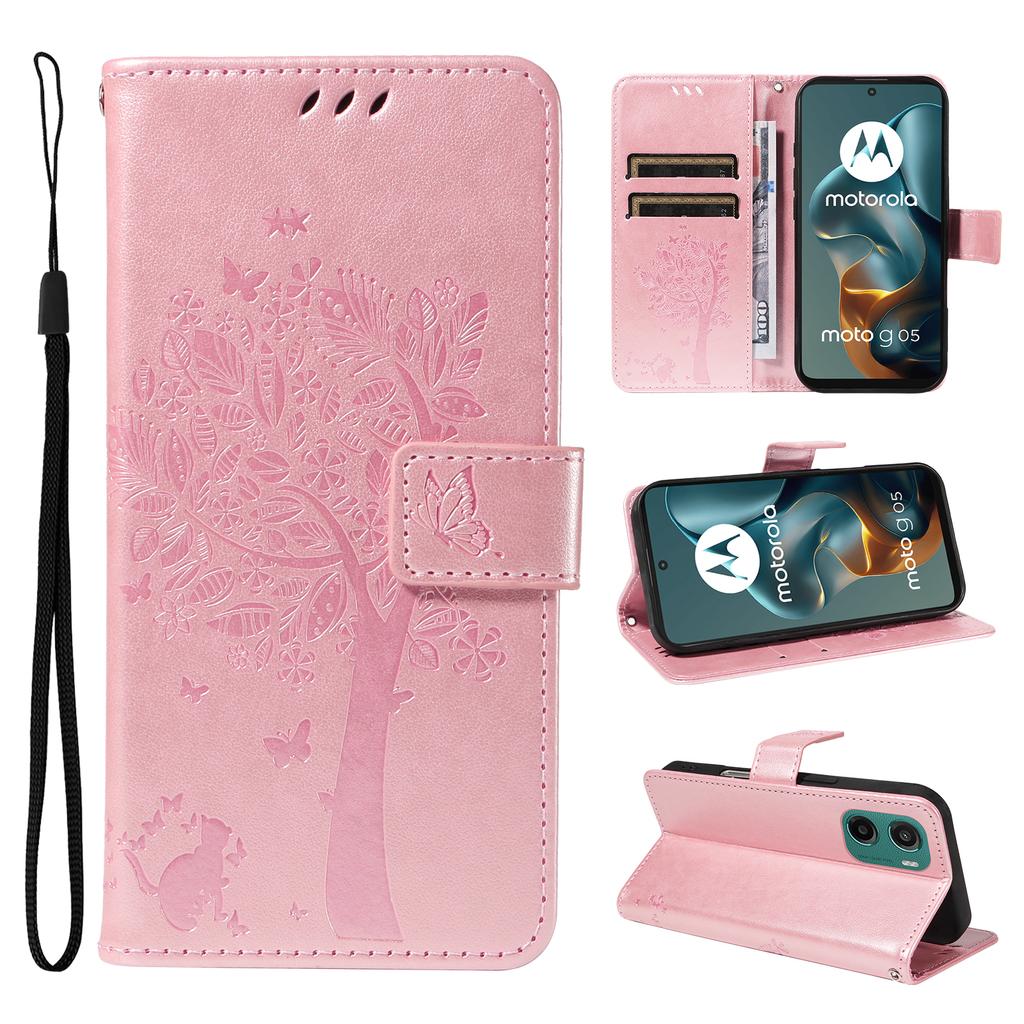 For Motorola Moto G05 4G Phone Case with Stand Cat Tree Pattern Leather Wallet Mobile Cover