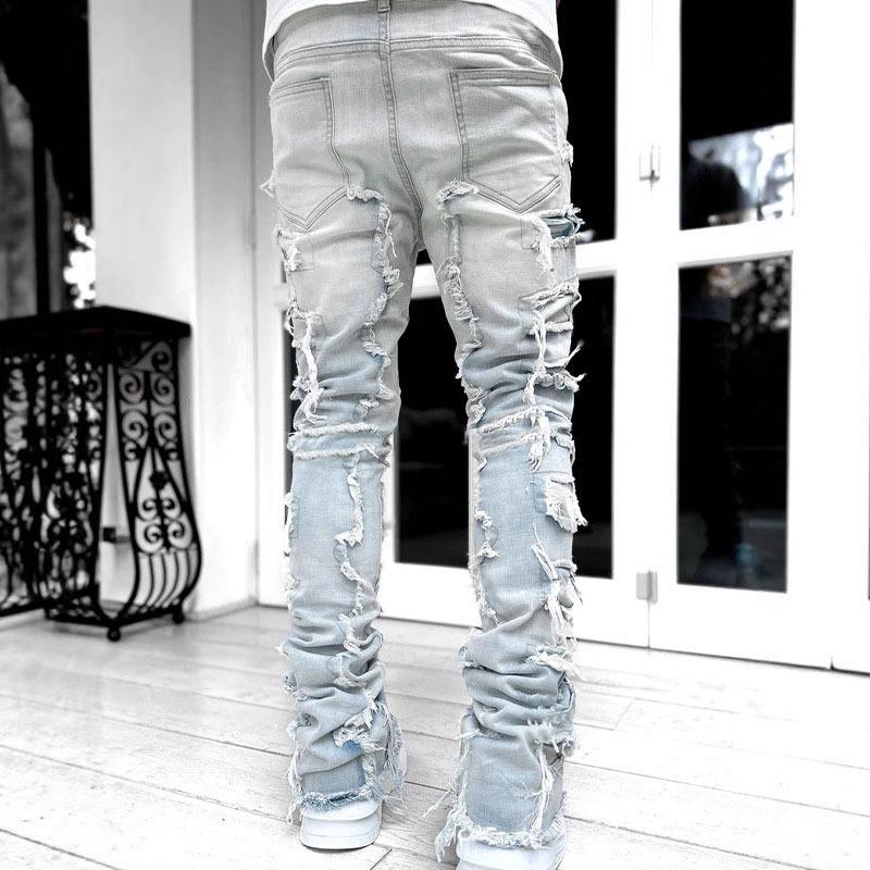 Jeans Moda Uomo Elasticizzati Patch Stratificati Dritti Lunghi