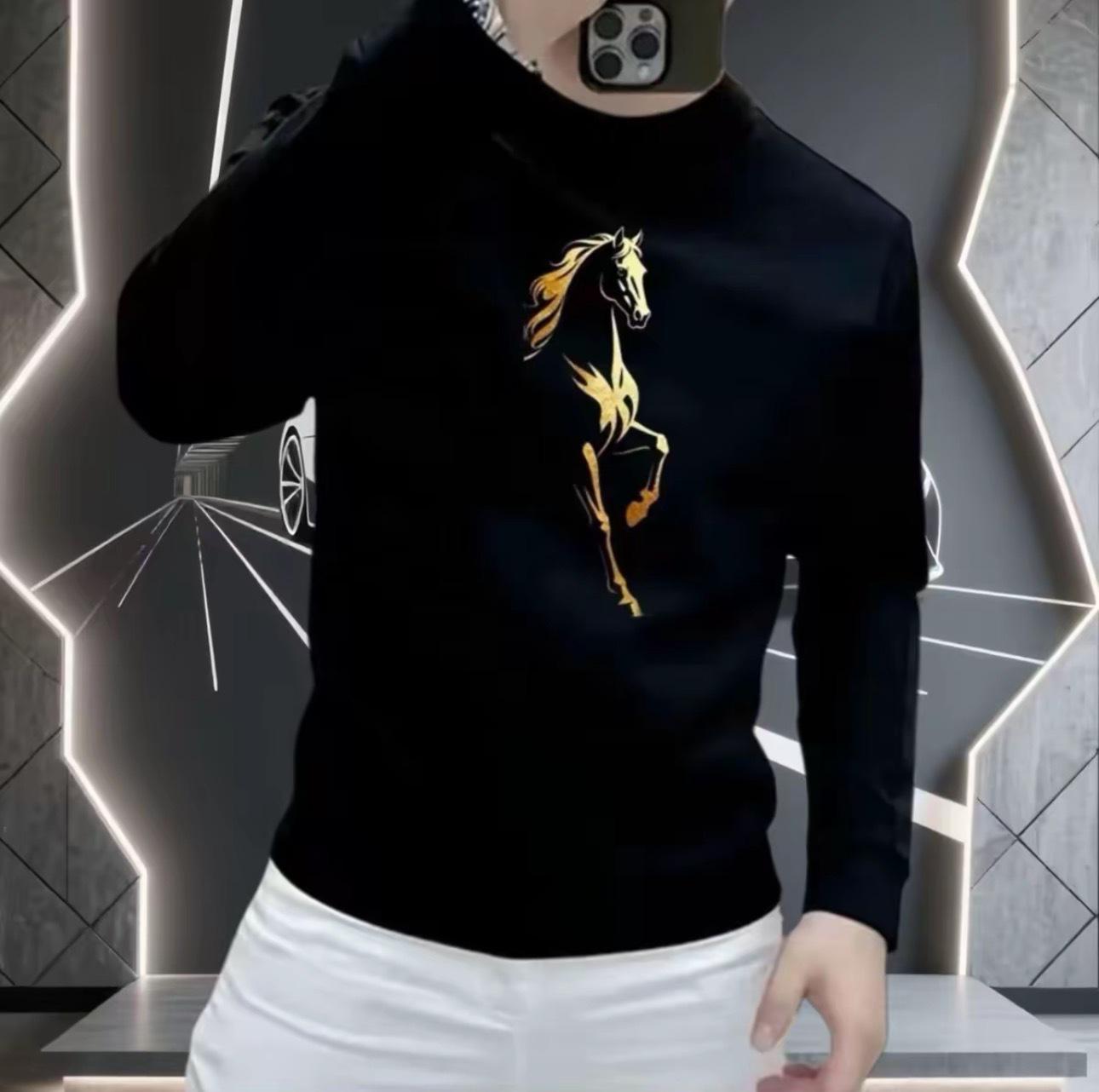 

2026 Men s Red Hoodie with Galloping Horse Print: Autumn/Winter Round Neck, Plus Velvet, Long Sleeve. L