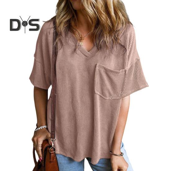 

Женская футболка с V-образным вырезом, коротким рукавом, отделкой из кармана, однотонная повседневная свободная футболка на каждый день M хаки