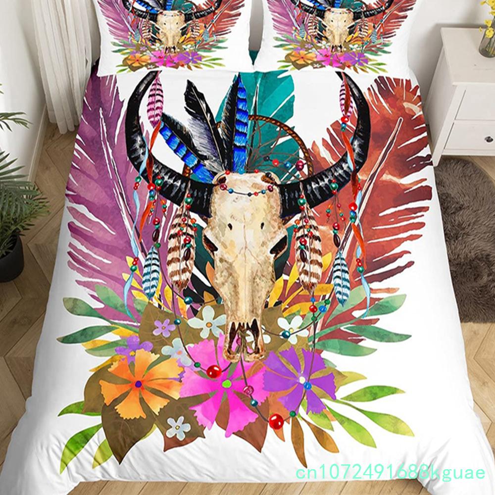 Farm Animal Duvet Cover Set Single King Queen Bohemian Mandala Bedding Set Microfiber Deer Bull Head Cow Skull Comforter Cover
