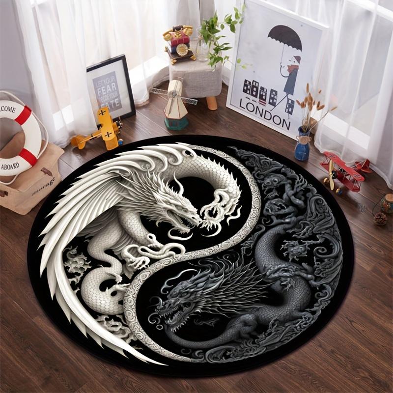1Pcs Gothic Dragon Pattern Round Area Rug Indoor Non-Slip Washable Carpet, Non-Shedding Mat For Bedroom Living Room Office Machine Washable