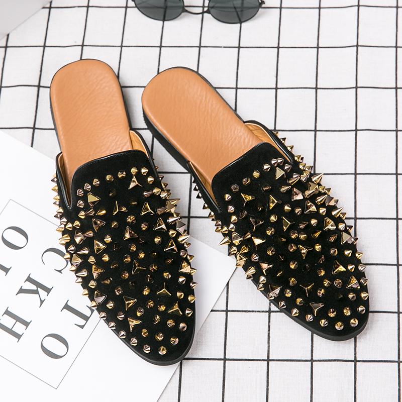 Luxury Italian Outdoor Flat Slippers Men's Leather Leather Sandals Men's Soft Sole Summer Non-Slip Party Casual Slippers Spikes