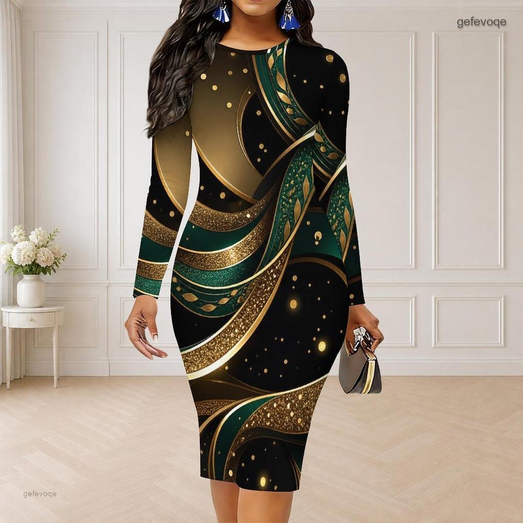 Women Plus Size Round Neck Long Sleeve Printed Green Black Bodycon Midi Dress