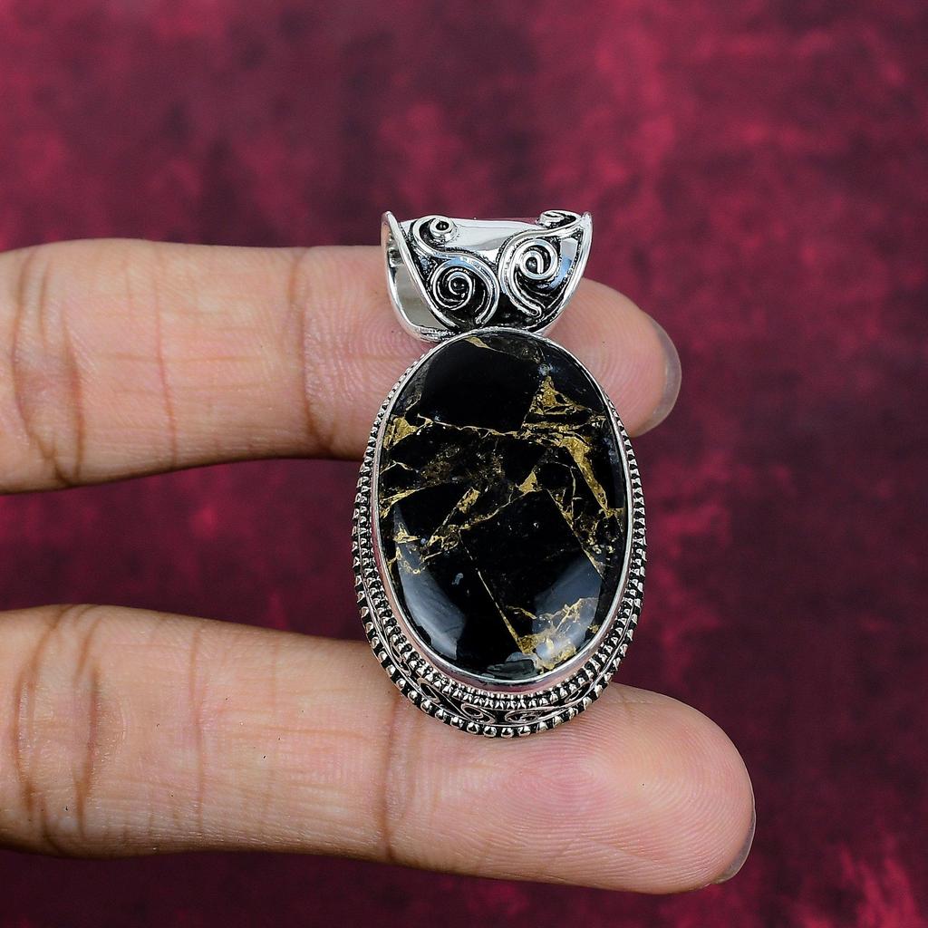 Měděný přívěsek s ručně vyráběným drahokamem turmalínem, přívěsek z masivního sterlingového stříbra 925, starožitný šperk, jako zásnubní dárek