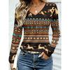 Autumn Women's 3D Printed V-Neck Long Sleeve T-Shirt Ethnic Style