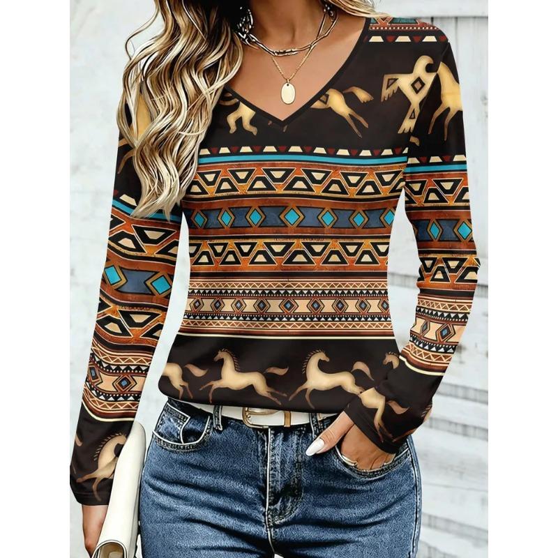 Women's Autumn 3D Printed V-Neck Long Sleeve T-Shirt