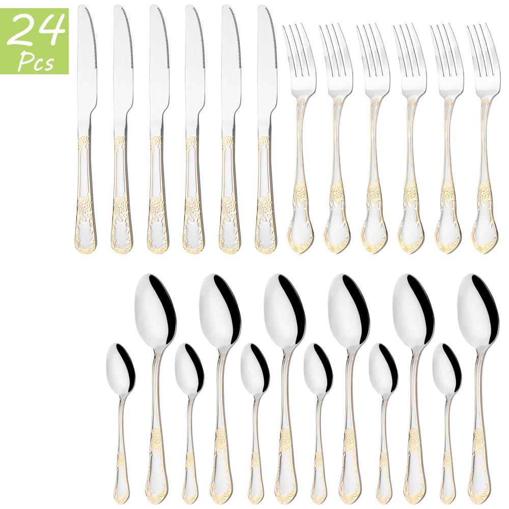 6People Vintage Gold Cutlery Set 18/10 Stainless Steel Tableware Set Knife Fork Tea Spoon Dinnerware Silverware Kitchen Flatware