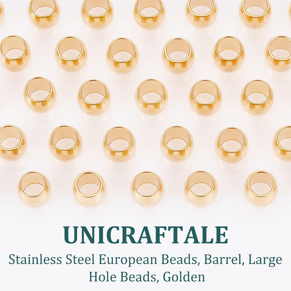 50Pcs 202 Stainless Steel European Beads, Barrel, Large Hole Beads, Golden, 6x6mm, Hole: 4mm