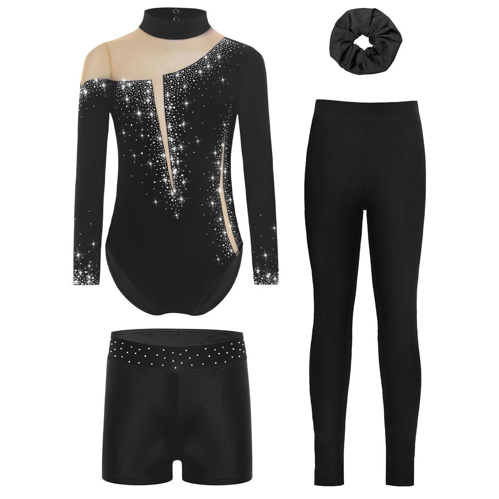 Ensemble de gymnastique et de danse pour filles Manches longues Dos avec découpe Strass Scintillants Justaucorps avec Short Leggings Bandeau pour Cheveux