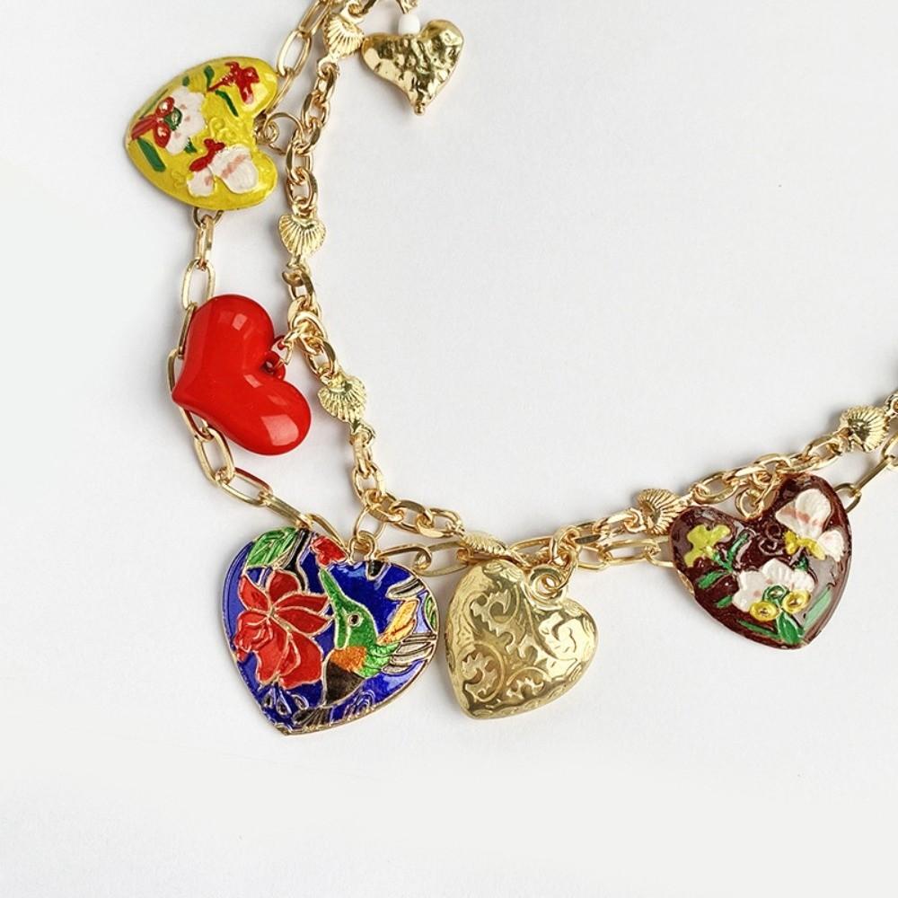 Unique Multi-Layer Enamel Necklace Drip Oil Gold Heart and Butterfly Pendant Vintage Retro Bohemian Collarbone Chain Gift