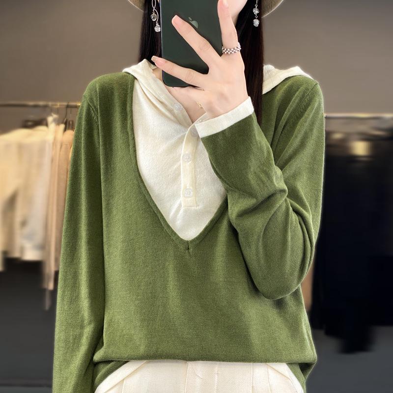 Women's Comfortable Sweater with Hooded Two New Knitted Sweater Fake Outer Wear Early Autumn Loose Pullover Hooded Color Matching