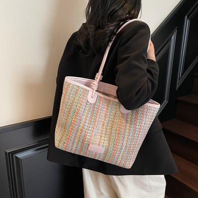 Woven Big Bag Women's 2025 New High-end Color Striped Tote Bag Summer Large-capacity Straw Bag