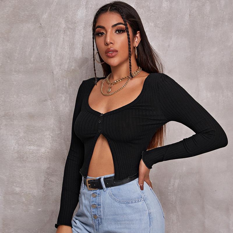 Spring and Summer New Long-sleeved Open-button Cardigan Top, Sexy Button-knitted T-shirt