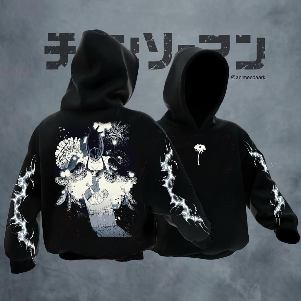 Chainsaw Man Black Graphic Hoodie Men Women Fleece Warm Sweatshirts Japanese Anime Oversized Streetwear Y2k Pullover Tracksuit Female Male Clothing